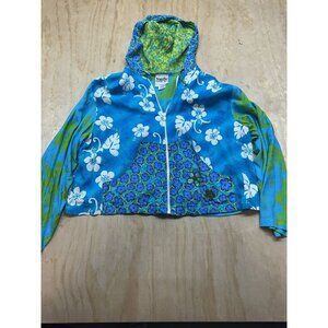 Hawaiian Rayon Jacket Blues Floral Lightweight Hawaii L‎ Zip Up Vacation Hoodie